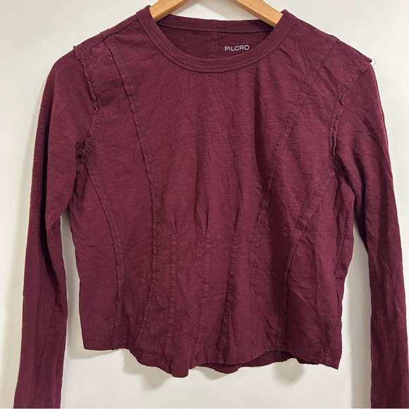 Anthropologie Pilcro Burgundy Long Sleeve Textured Seam Tee Small Cotton Top - Picture 1 of 6